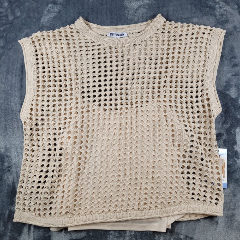 Steve Madden Beige Crochet Knit Top Sleeveless Lined Crew Neck DO26633W Large